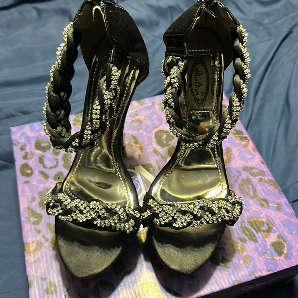 Open Toe Black Satin Bling Stiletto Heel